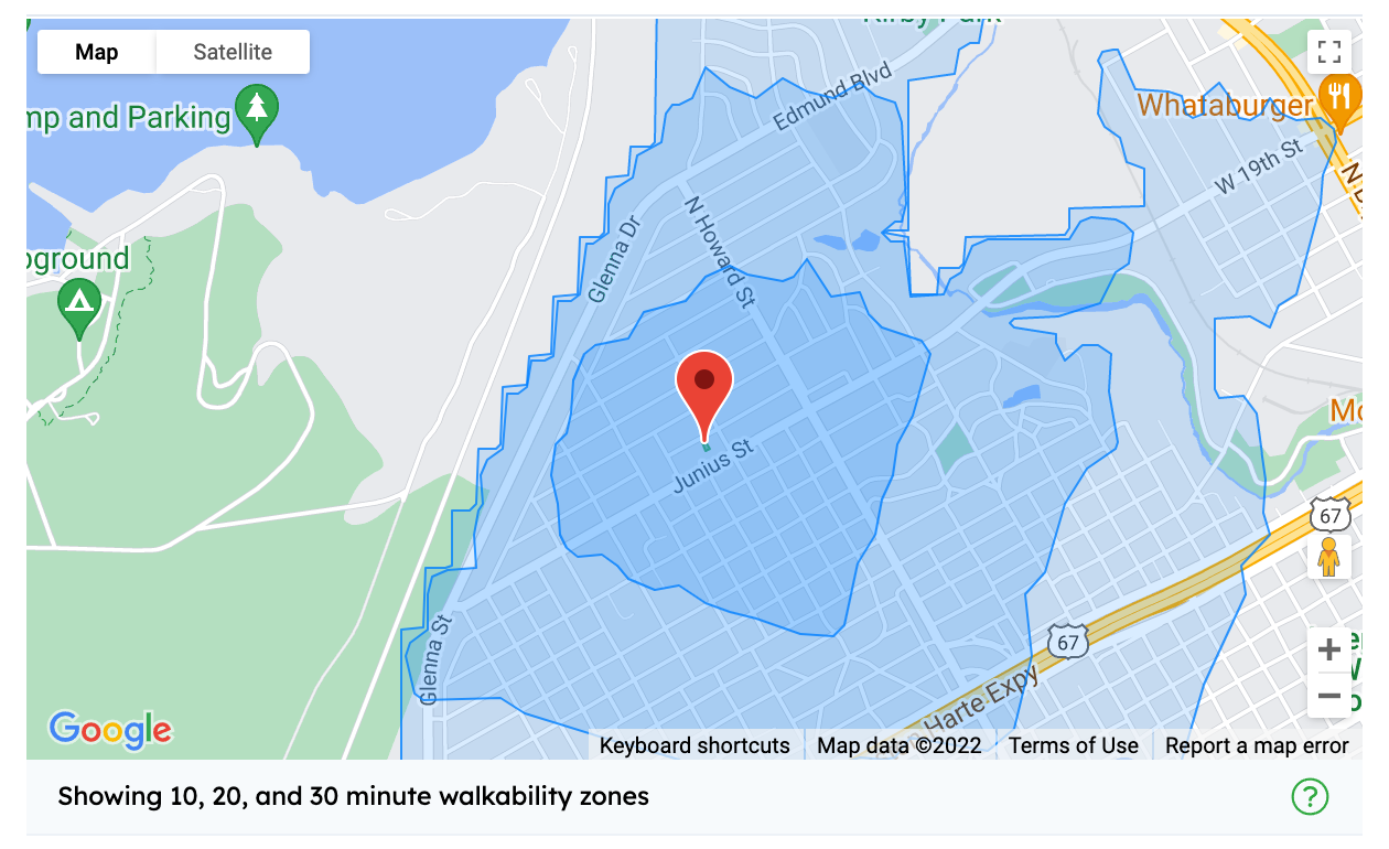 An example walkability isochrone map